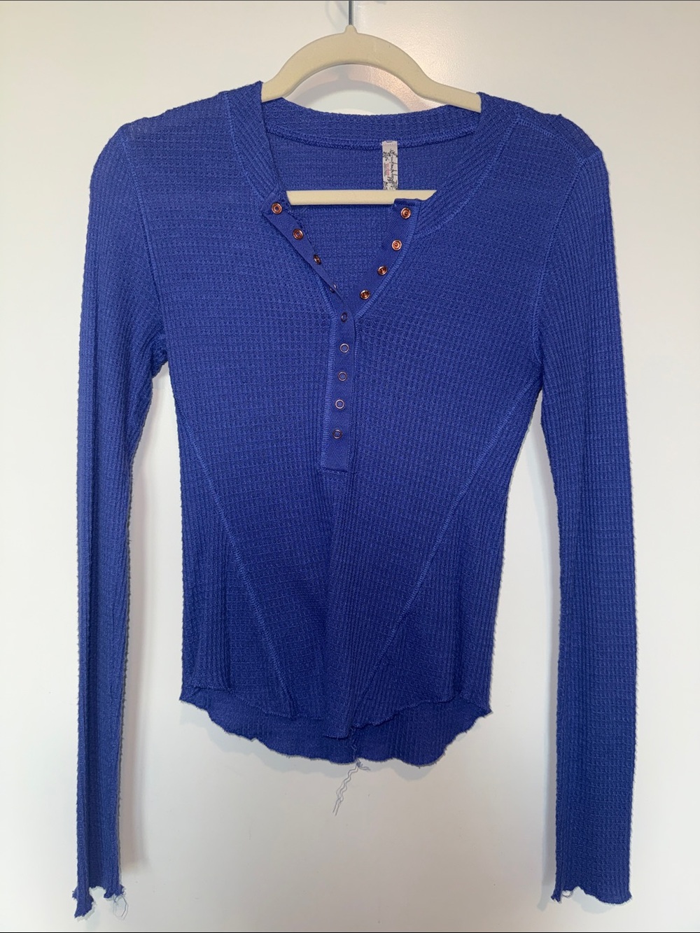Free People Royal Blue Ribbed Henley Button-Front Top